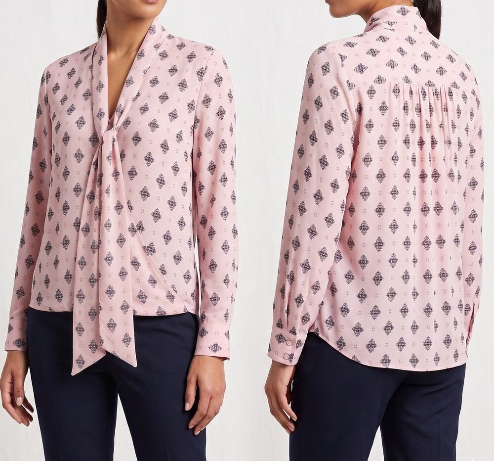 Vince Camuto Small Long Sleeve Peach Pink Patterned Blouse Tie Neck Button Front